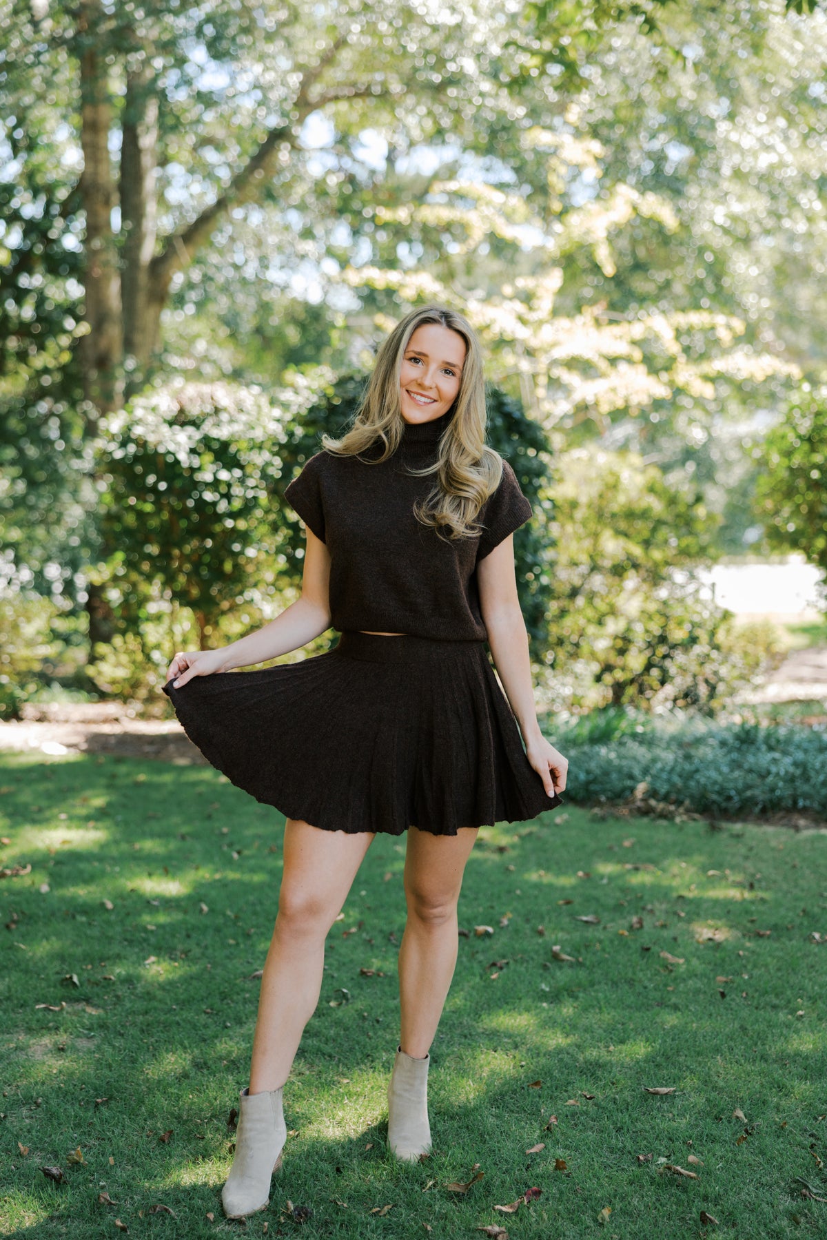Brown Turtleneck Crop Top and Pleated Skirt Set
