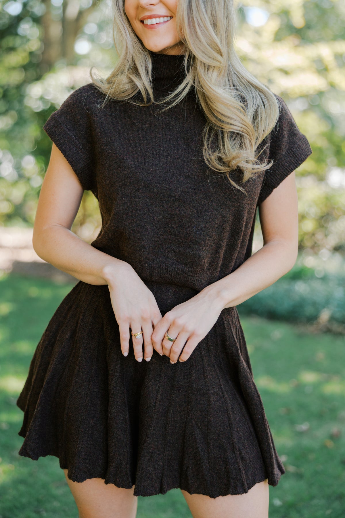 Brown Turtleneck Crop Top and Pleated Skirt Set