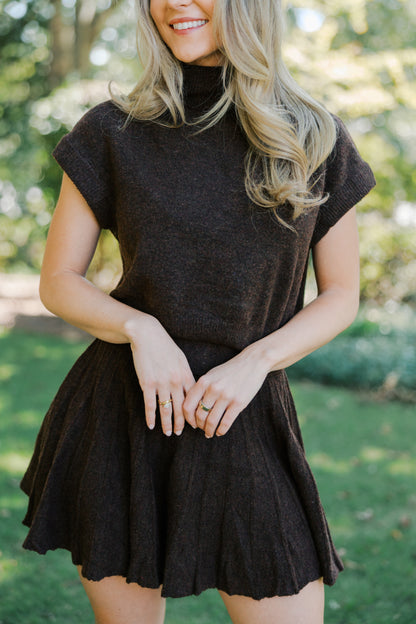 Brown Turtleneck Crop Top and Pleated Skirt Set