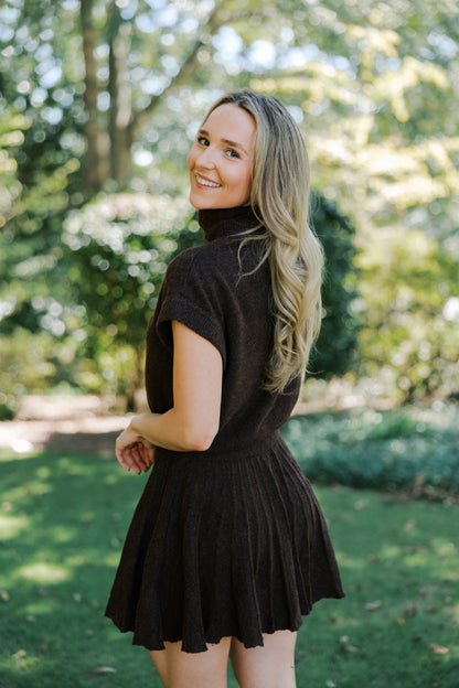 Brown Turtleneck Crop Top and Pleated Skirt Set