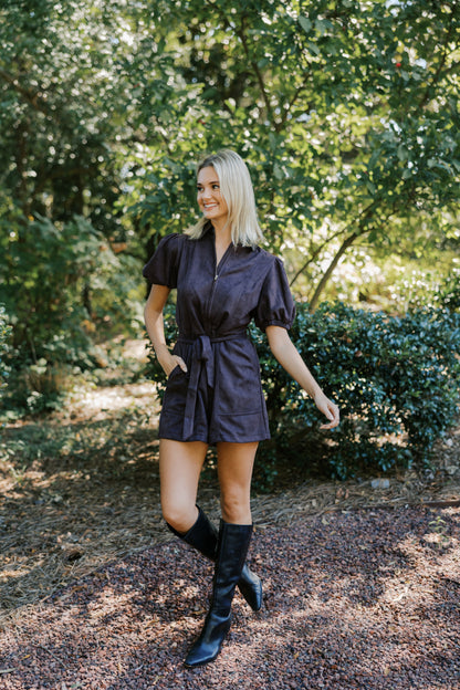 Zipper front puff sleeve jumpsuit