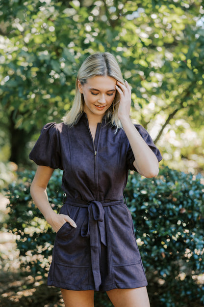 Zipper front puff sleeve jumpsuit