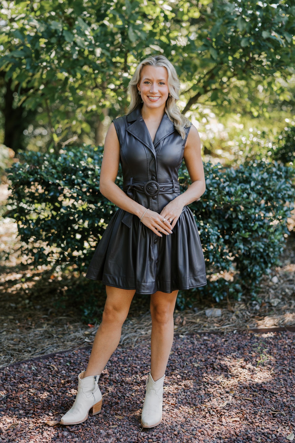 Faux Leather Belted Drop Waist Dress