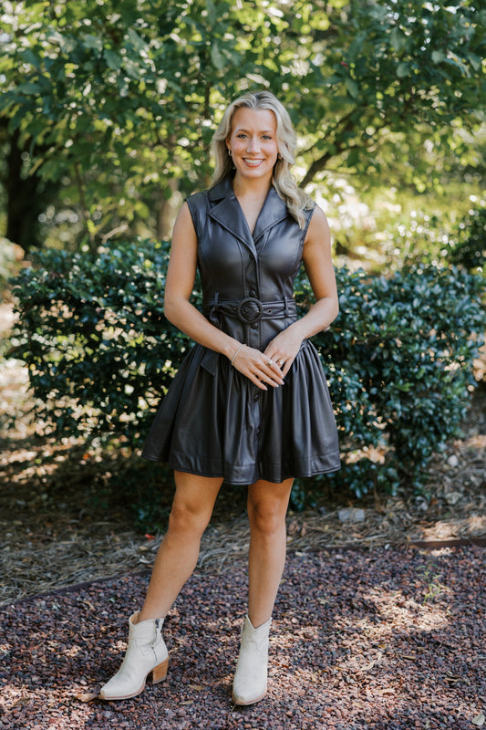 Faux Leather Belted Drop Waist Dress