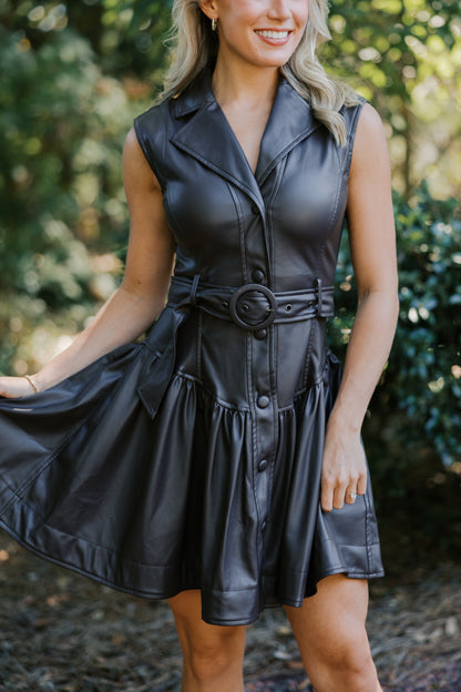 Faux Leather Belted Drop Waist Dress