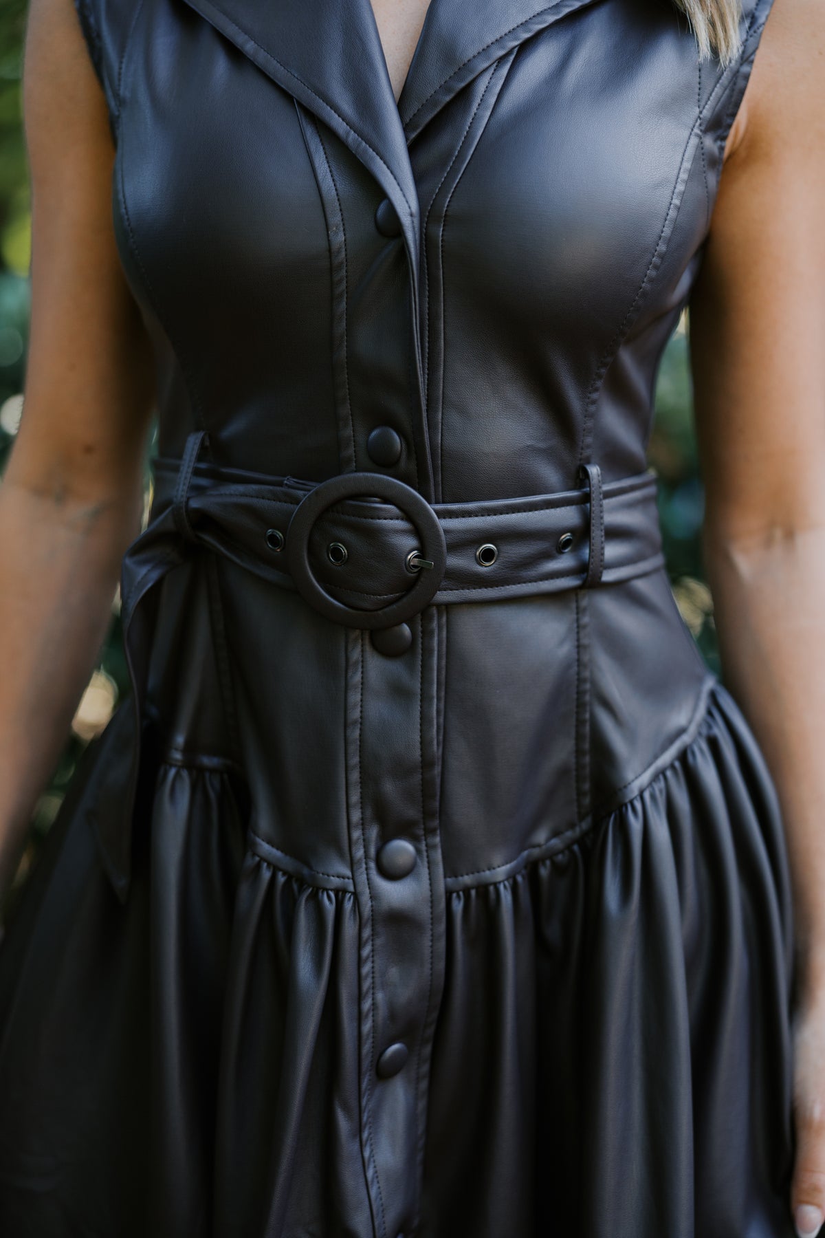 Faux Leather Belted Drop Waist Dress