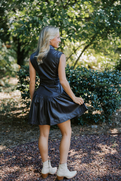 Faux Leather Belted Drop Waist Dress