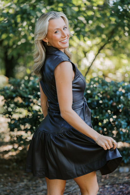 Faux Leather Belted Drop Waist Dress