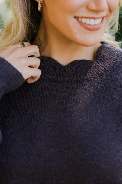 Knit Flower Embroidery Scalloped Sweater