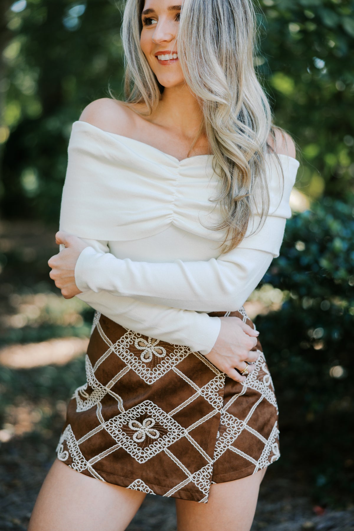 Embroidered Suede Asymmetrical Skort