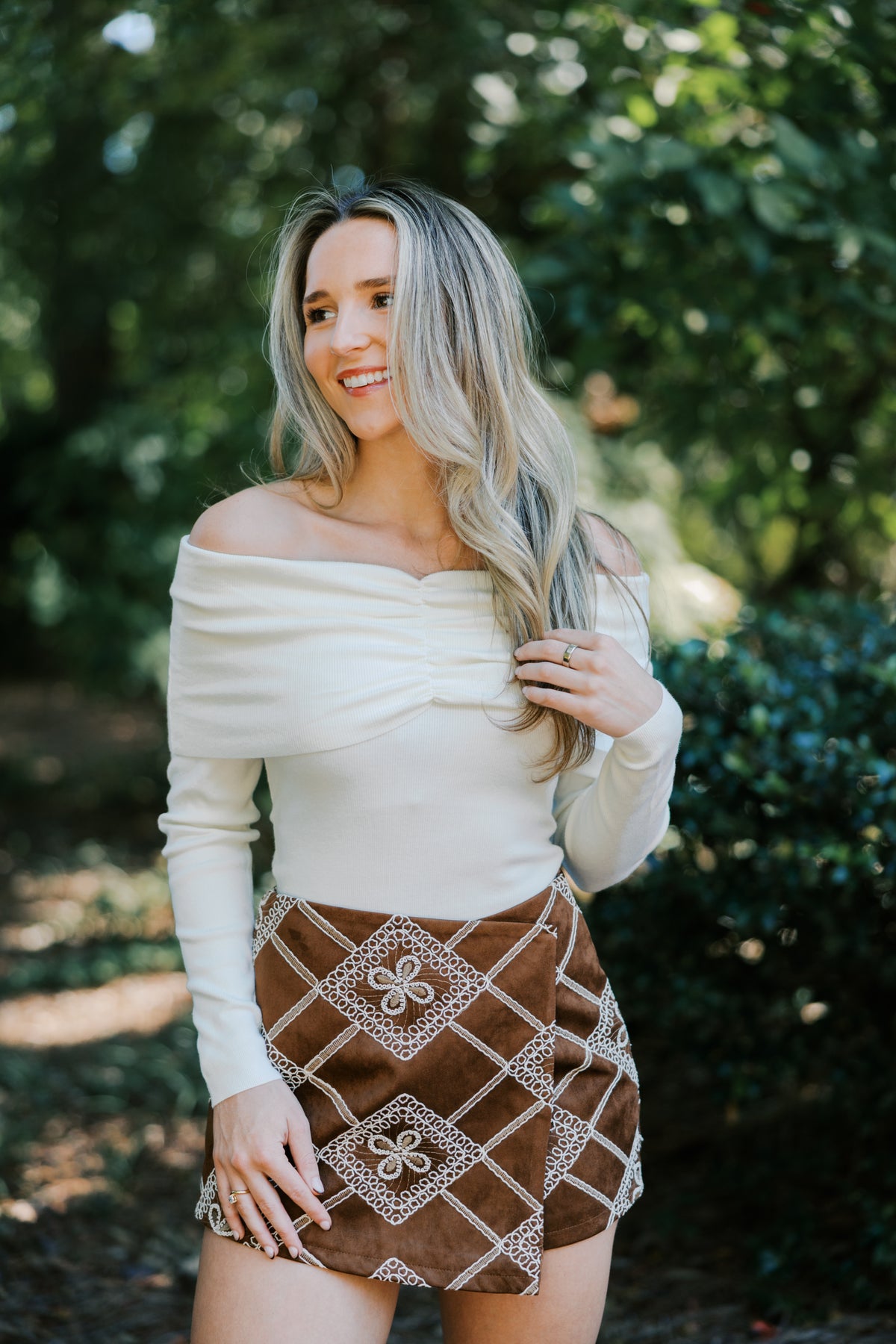 Embroidered Suede Asymmetrical Skort