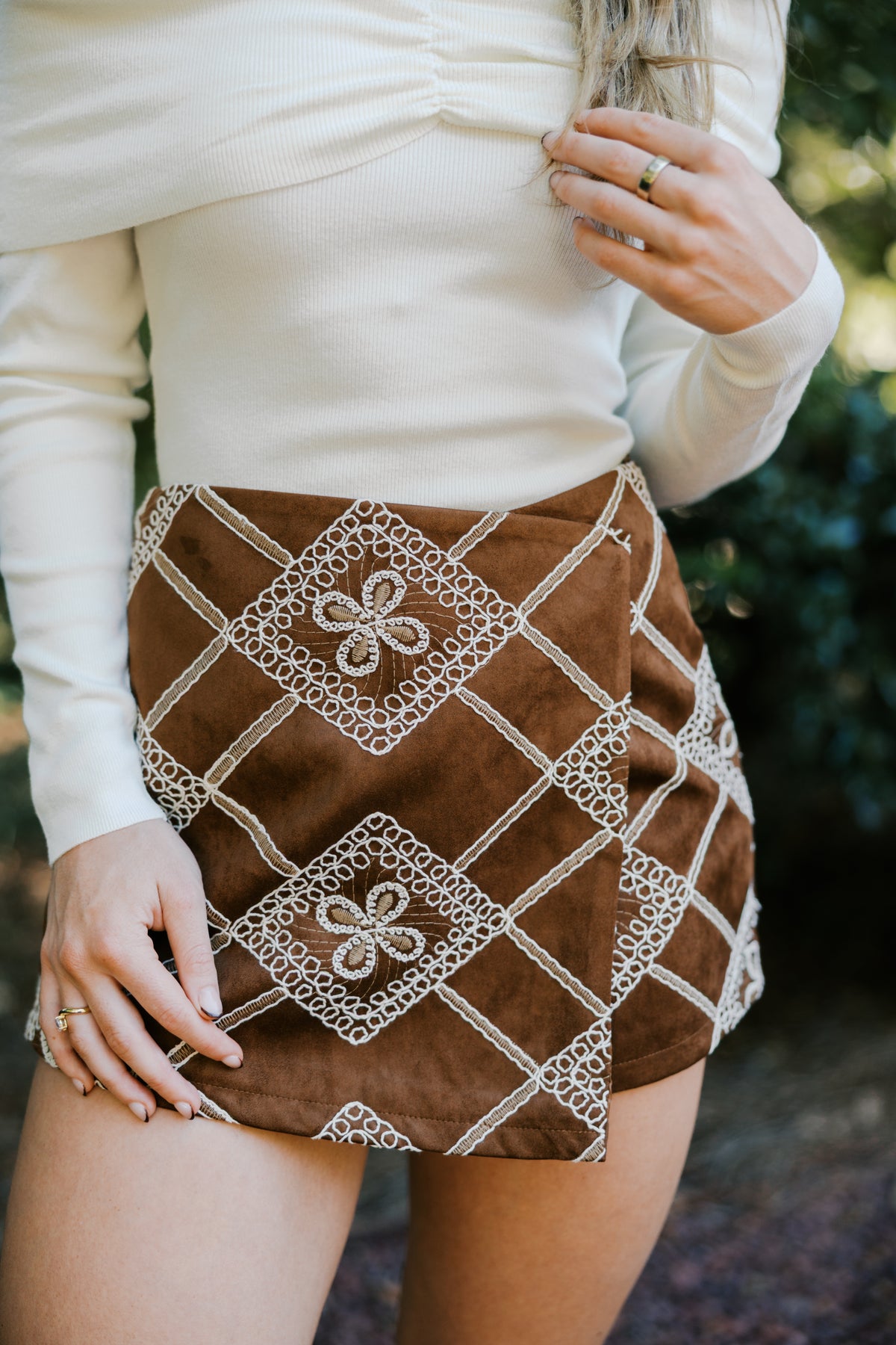 Embroidered Suede Asymmetrical Skort