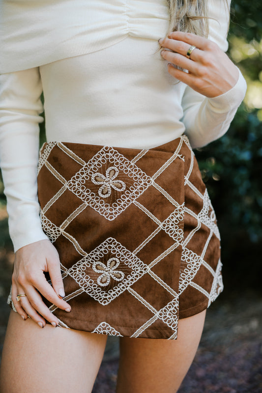 Embroidered Suede Asymmetrical Skort