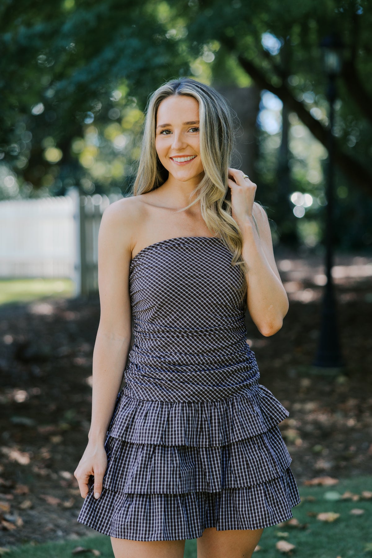 CHECKERED DROP WAIST TUBE MINI RUFFLED DRESS