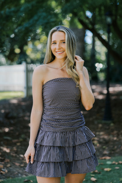 CHECKERED DROP WAIST TUBE MINI RUFFLED DRESS
