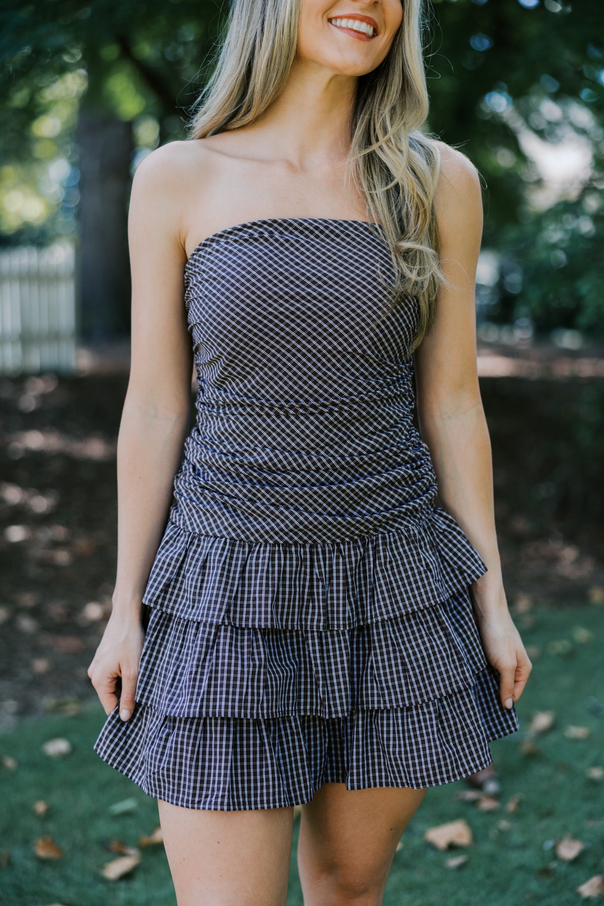 CHECKERED DROP WAIST TUBE MINI RUFFLED DRESS