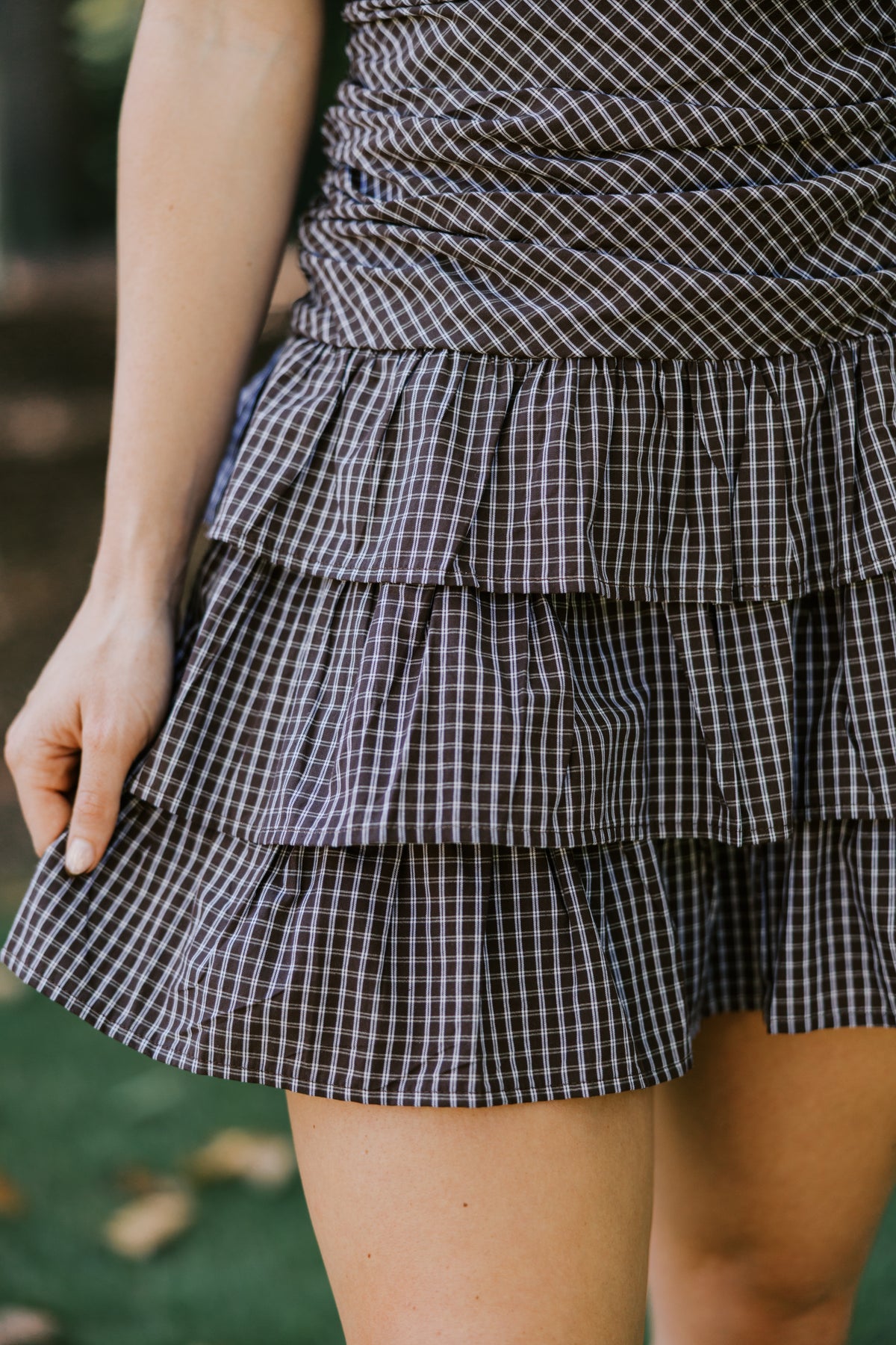 CHECKERED DROP WAIST TUBE MINI RUFFLED DRESS