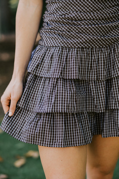 CHECKERED DROP WAIST TUBE MINI RUFFLED DRESS