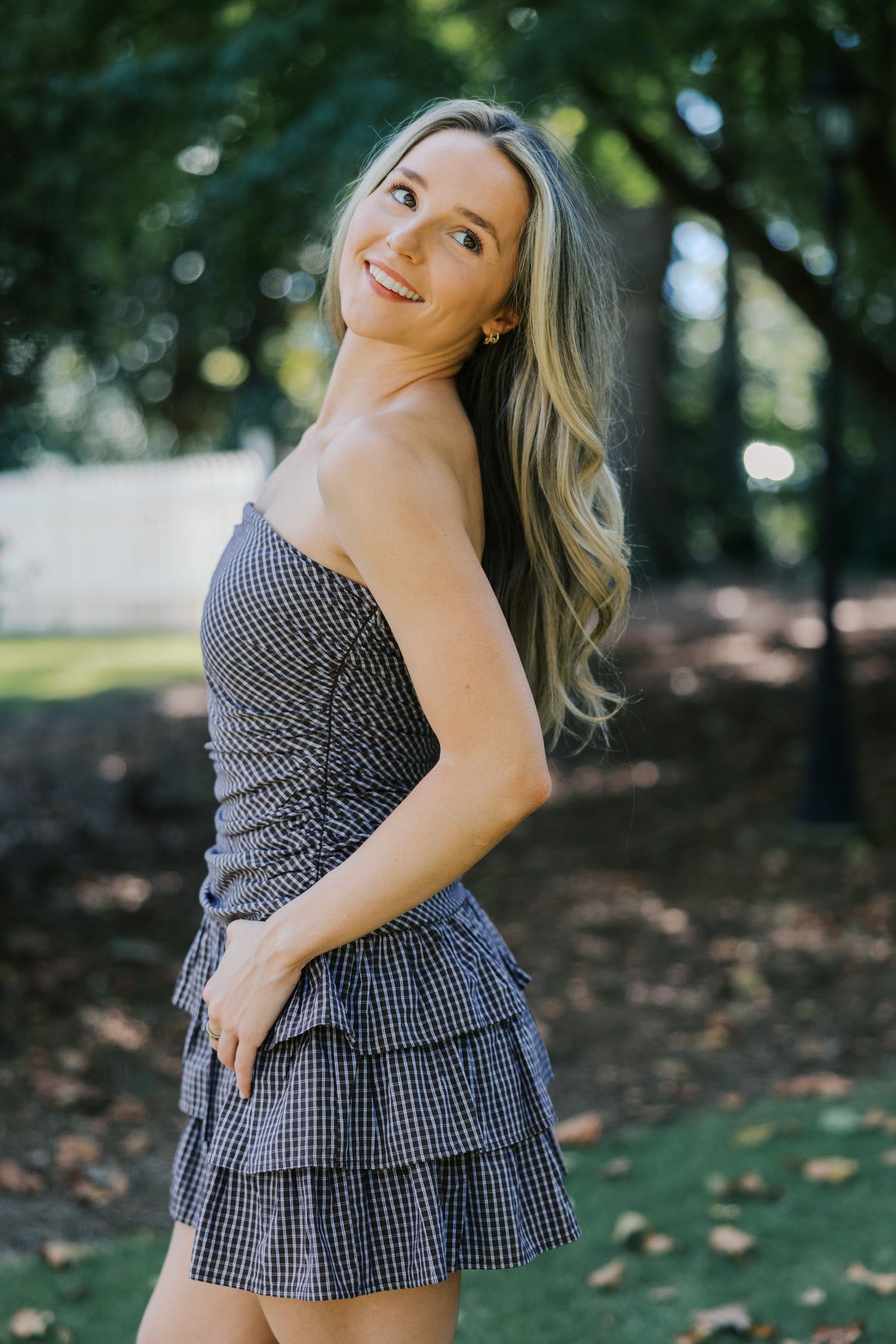 CHECKERED DROP WAIST TUBE MINI RUFFLED DRESS