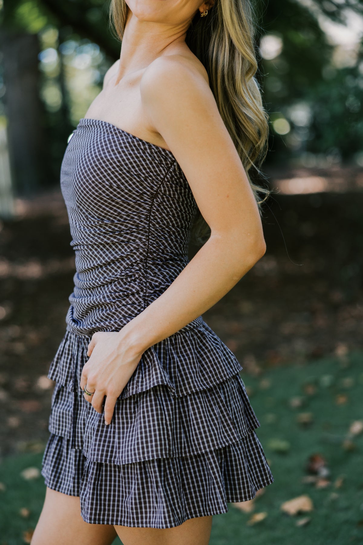 CHECKERED DROP WAIST TUBE MINI RUFFLED DRESS