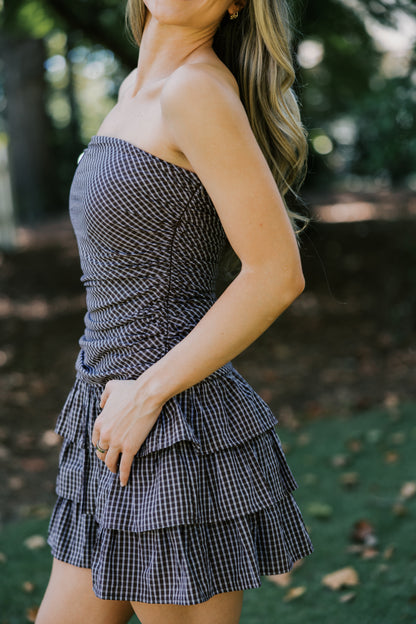 CHECKERED DROP WAIST TUBE MINI RUFFLED DRESS