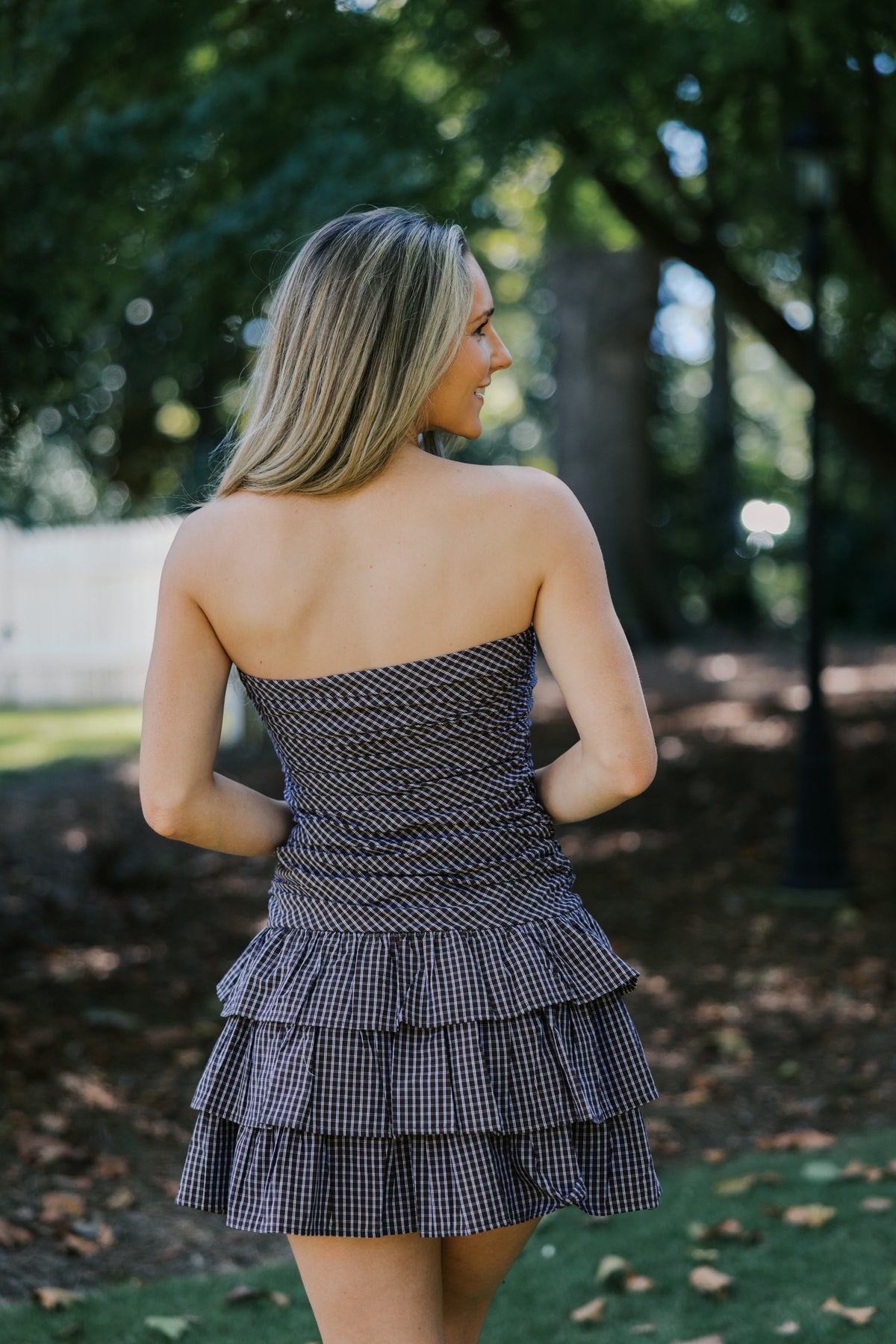 CHECKERED DROP WAIST TUBE MINI RUFFLED DRESS