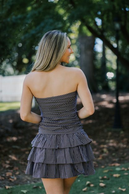 CHECKERED DROP WAIST TUBE MINI RUFFLED DRESS