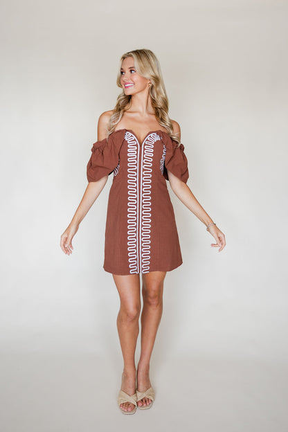 Embroidered Off Shoulder Linen Dress