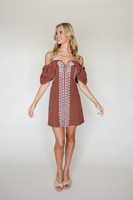 Embroidered Off Shoulder Linen Dress
