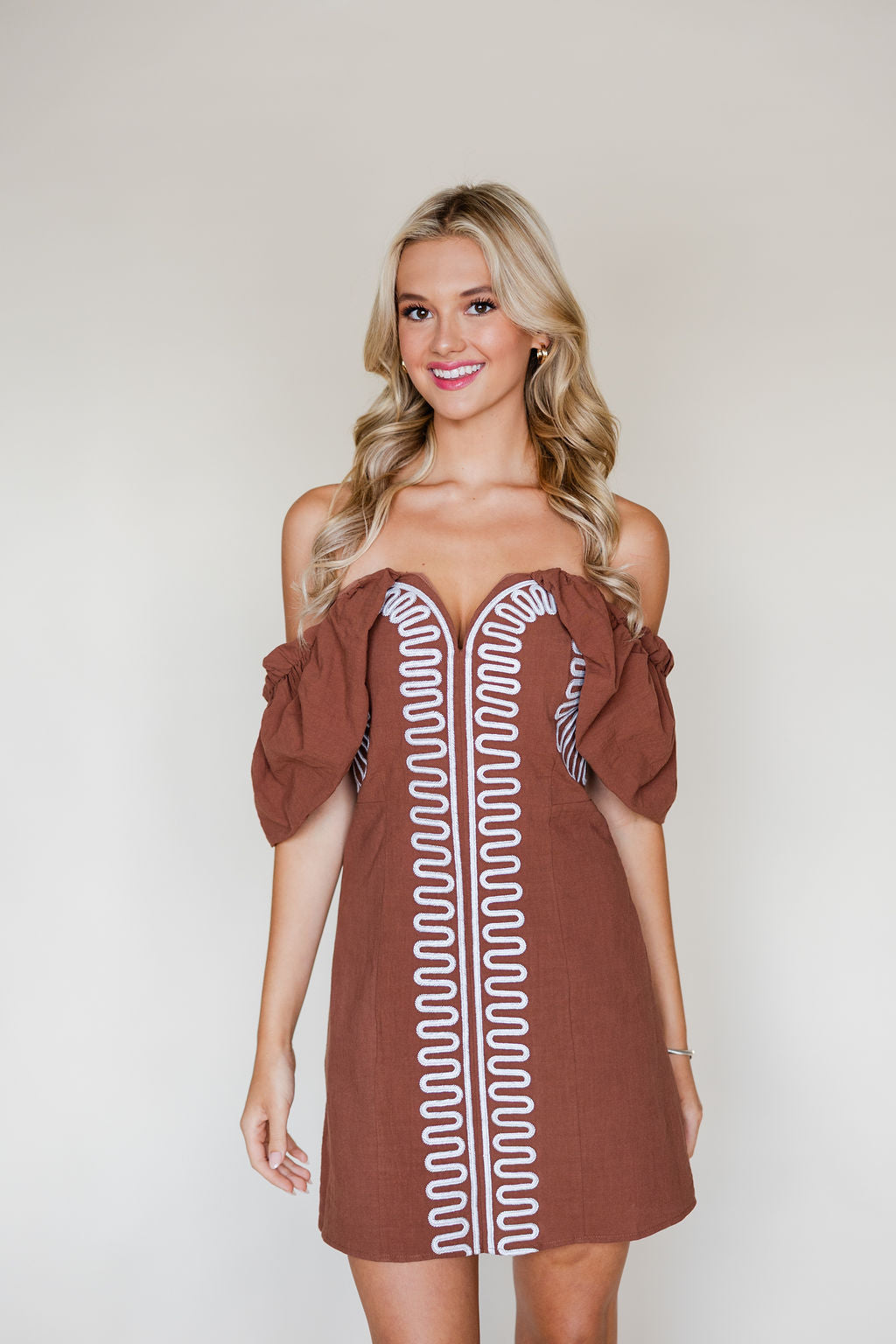 Embroidered Off Shoulder Linen Dress