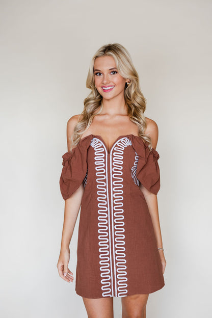 Embroidered Off Shoulder Linen Dress