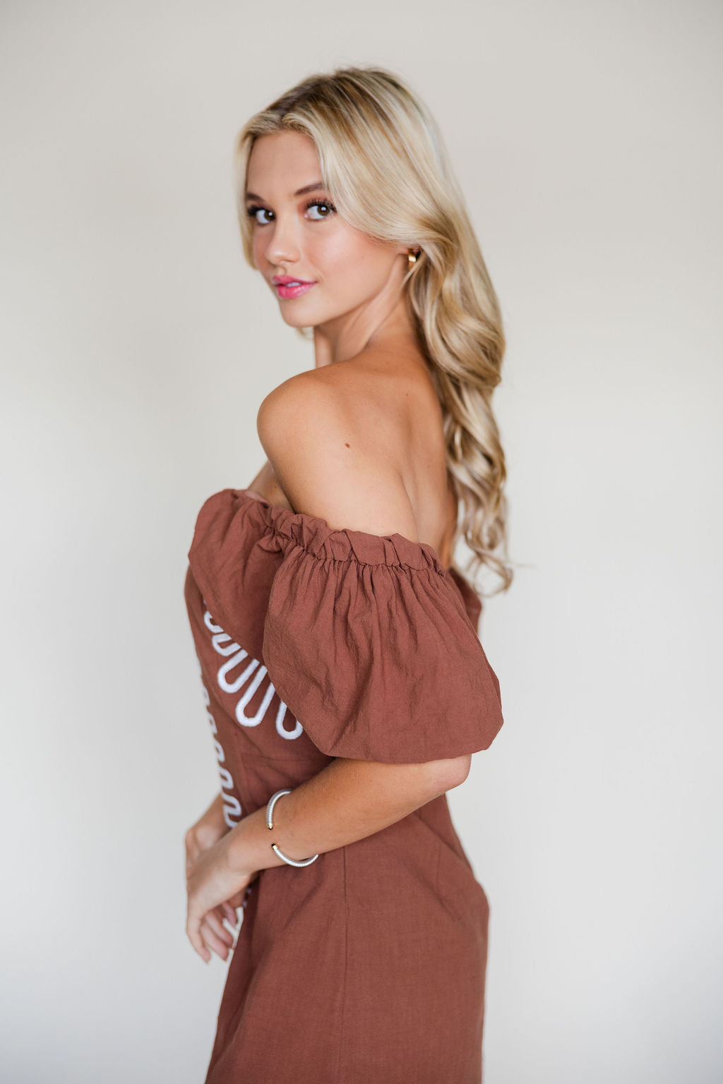 Embroidered Off Shoulder Linen Dress