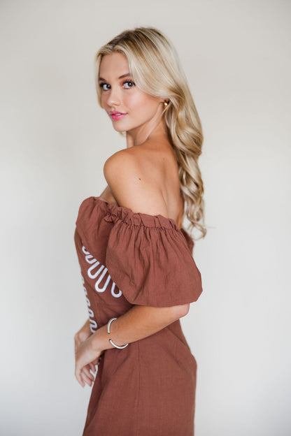 Embroidered Off Shoulder Linen Dress