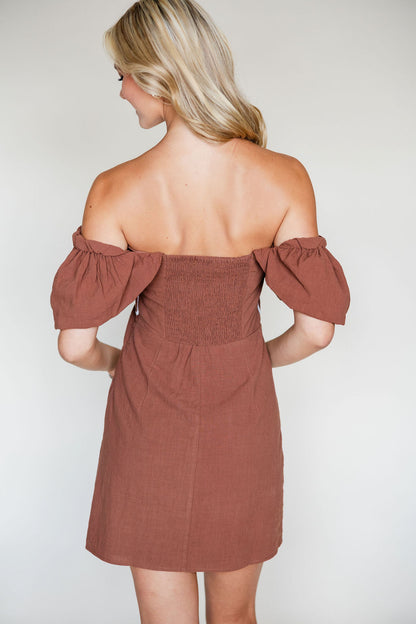 Embroidered Off Shoulder Linen Dress