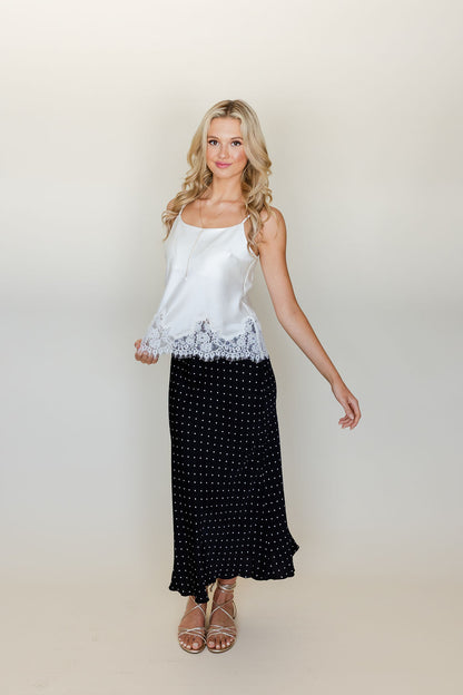 Polka Dot Satin Midi Skirt