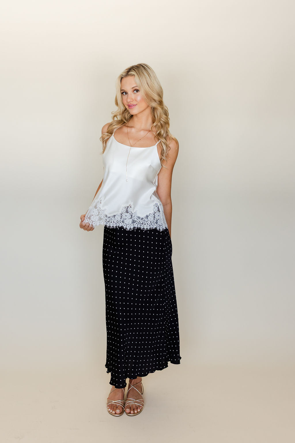 Polka Dot Satin Midi Skirt
