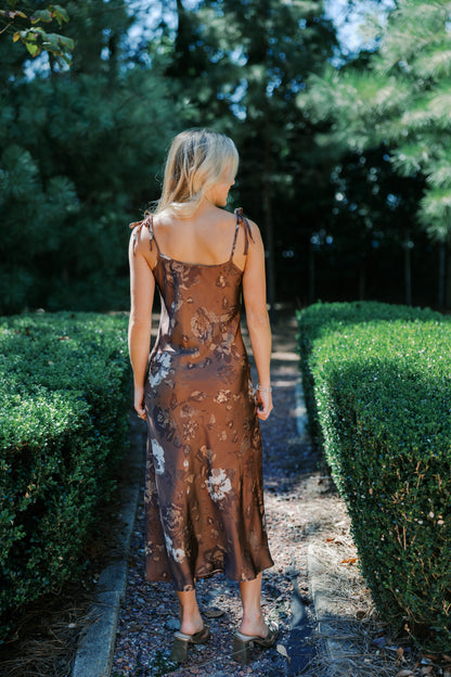Tie Strap Satin Floral Dress
