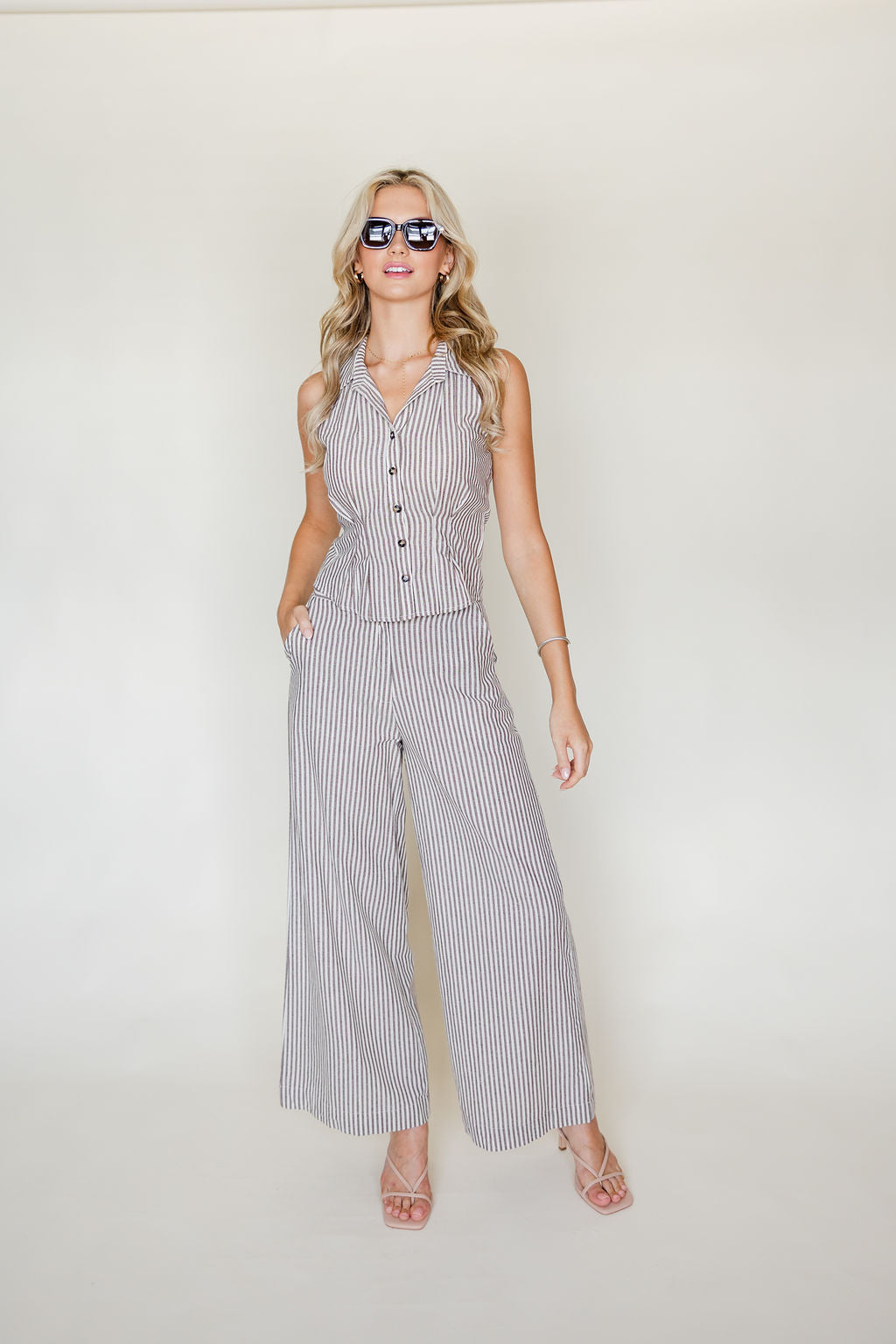 Striped Collared Top & Pants Set