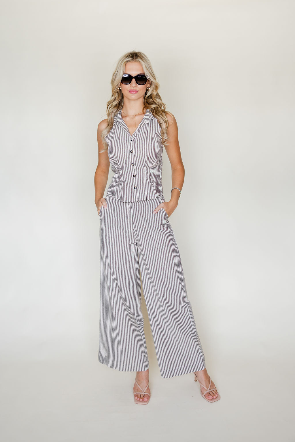 Striped Collared Top & Pants Set
