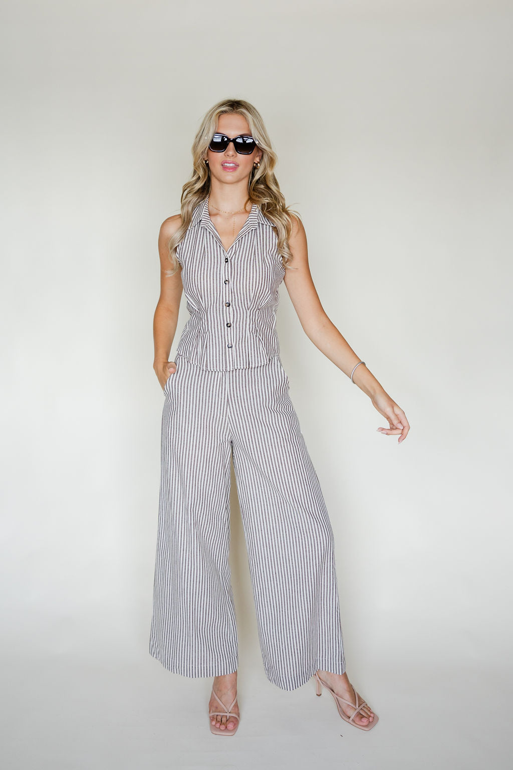Striped Collared Top & Pants Set