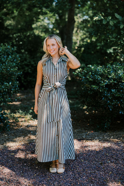 Striped Sleeveless Collared Midi Dress