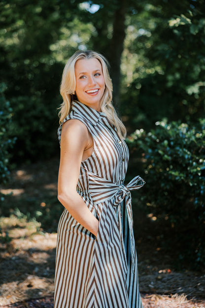 Striped Sleeveless Collared Midi Dress