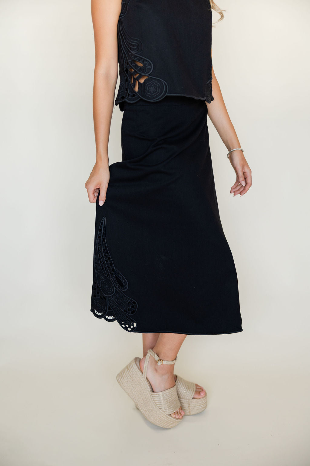 Embroidered Scallop Edge Top & Skirt Set