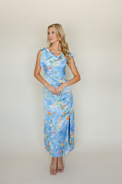 Floral Satin Cowl Neck Midi Dress