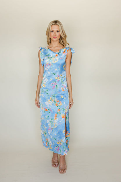 Floral Satin Cowl Neck Midi Dress