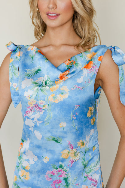 Floral Satin Cowl Neck Midi Dress