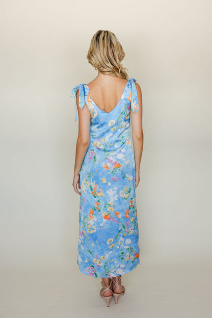 Floral Satin Cowl Neck Midi Dress