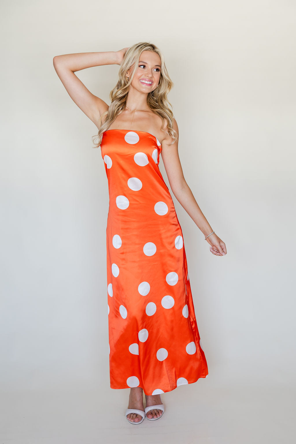 Strapless Polka Dot Midi Dress