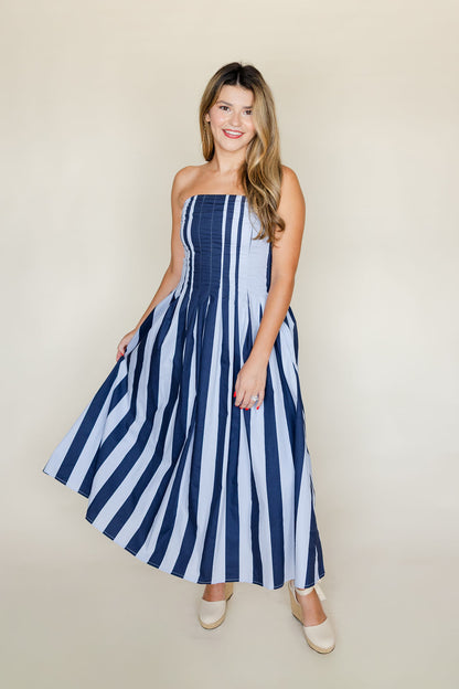 Strapless Striped Pleated Flare Mini Dress