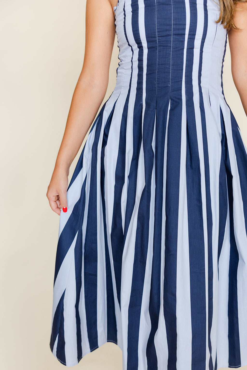 Strapless Striped Pleated Flare Mini Dress